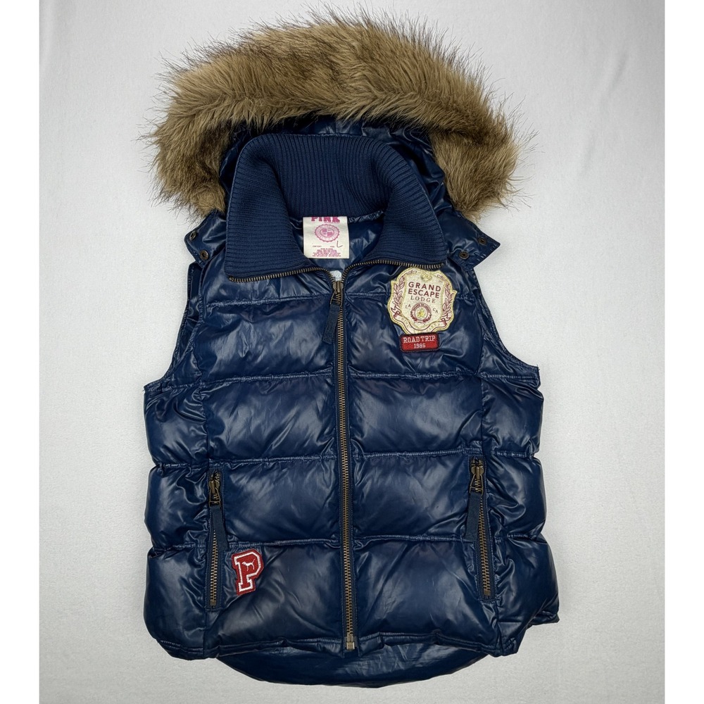 Victoria's Secret PINK Navy Blue Puffer Vest Faux Fur Hood Patches Large